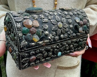 Vintage Agate Inlaid Moroccan Jewelry Box ~ Moorish Dome Top W