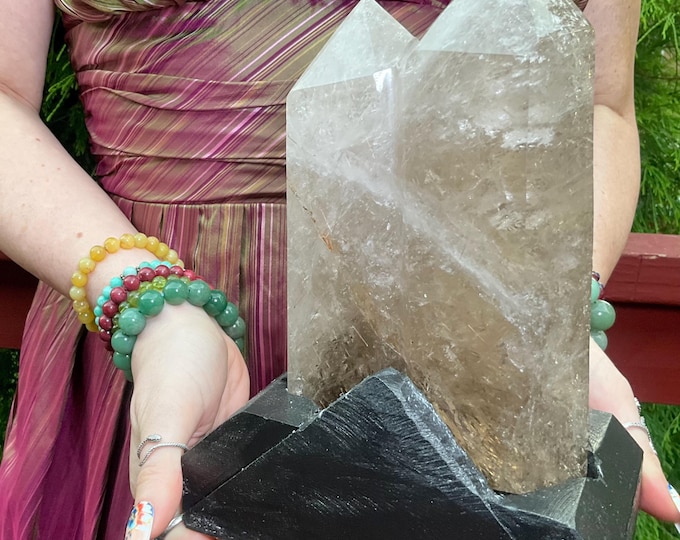 Clear Smokey Quartz Twin Flame Double Point Large 4 lb. 13 oz. Generator ~ 10" Tall ~ Golden Rutilated Inclusions ~ Custom Wood Stand