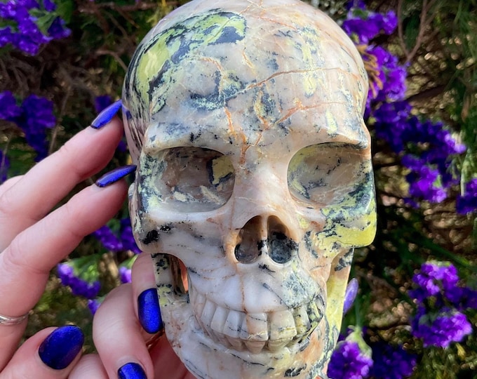 Electric Green Jasper Crystal Skull ~ Large 3 Lb. 2 oz. ~ 5" Long ~ Hand Carved ~ Stunning Metaphysical Home Decor