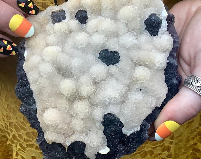 Purple Fluorite Crystal Cluster ~ 1 Lb. 4 oz. ~ 6" Long ~ Sparkling White Calcite Mineral Coating ~ Cubic Formation