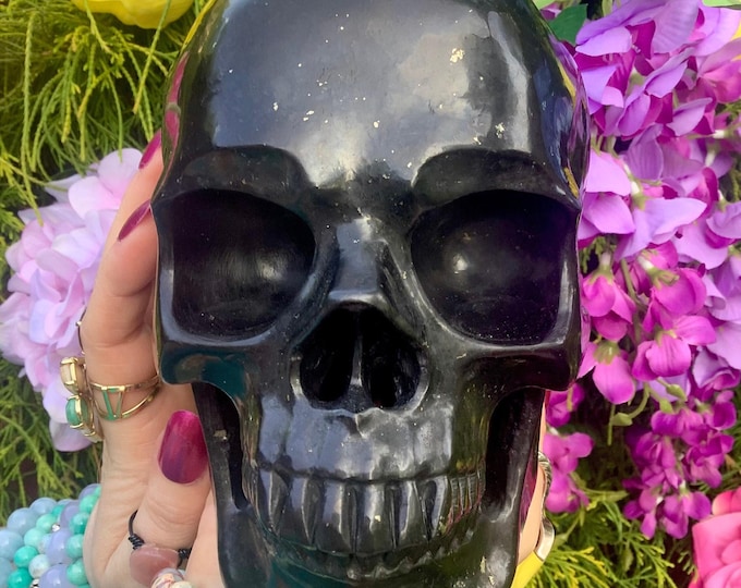 Shungite Crystal Skull ~ Large 6 Lb. 4 oz.~ 6" Long ~ One of-a Kind Expertly Hand Carved Sculpture ~ Lustrous Black Steel & Gray Colors