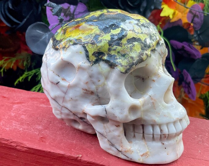 Electric Green Jasper Crystal Skull ~ Large 3 Lb. ~ 5" Long ~ Hand Carved ~ Free Standing Display Sculpture ~ Swirling Green & Black Colors