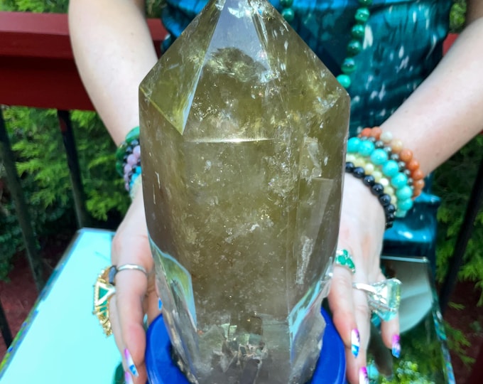 Clear Citrine Quartz Crystal Point ~ 6 Lb.  13 oz. ~ 9" Tall~ Sparkling Yellow with Golden Rainbow Inclusions ~ Custom Hand Carved Stand