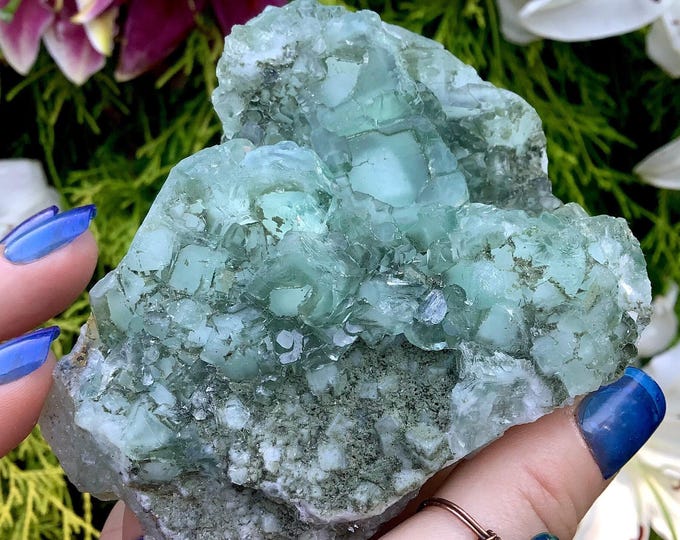 Ice Blue Fluorite Crystal Cluster ~ 14 oz. ~ 3 1/2" Long ~ Sparkling Mineral Matrix ~ Throat Chakra Reiki Healing Altar Display ~ Home Decor
