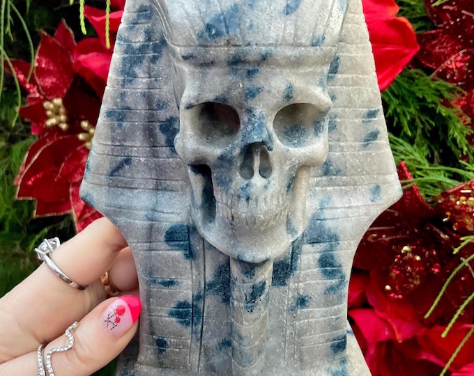 K2 Azurite in Granite Egyptian Pharaoh Crystal Skull ~ 3 Lb. 6 oz. ~ 7" Tall ~ Stunning Metaphysical Home Decor, Reiki, Altar Display