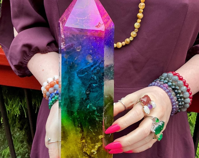 Rainbow Aura Fluorite Crystal Generator ~ 6 lb. 8 oz.~ 10" Tall Tower ~ Colorful Pink Blue Green Yellow Color