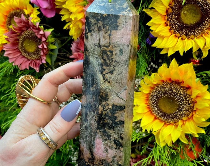 Rhodonite Crystal Generator ~ Large 1 Lb. 9 oz. ~ 7 1/2" Tall Tower ~ Black, Brown and Pink Colors ~ Fast & Free Shipping ~