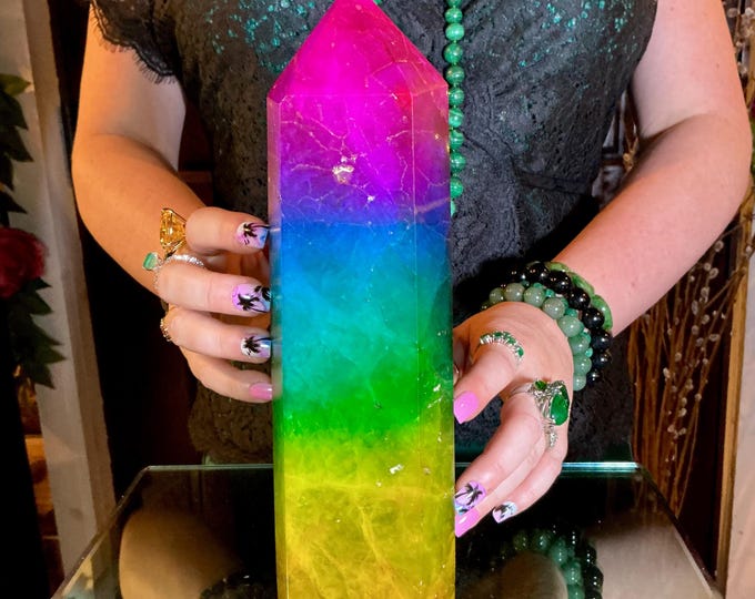Rainbow Aura Fluorite Crystal Generator ~ 6 lb. ~ 11" Tall Tower ~ Colorful Pink Blue Green Yellow Color ~ Fast & Free Shipping U.S.A.