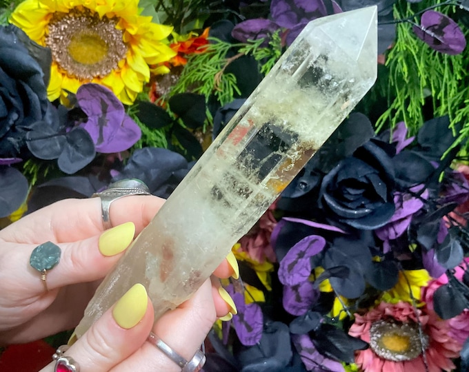 Citrine Quartz Crystal Wand ~ Large 8 oz. ~ 7 1/2" Long ~ High Altitude Himalayan Point ~ Clear Yellow Phantoms Sparkling Rainbow Inclusions