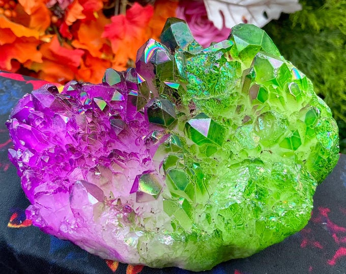 Purple & Green Aura Quartz Crystal Cluster ~ Large 1 lb. 8 oz. ~ 4 1/2" Long ~ Rainbow Iridescent Electric Points