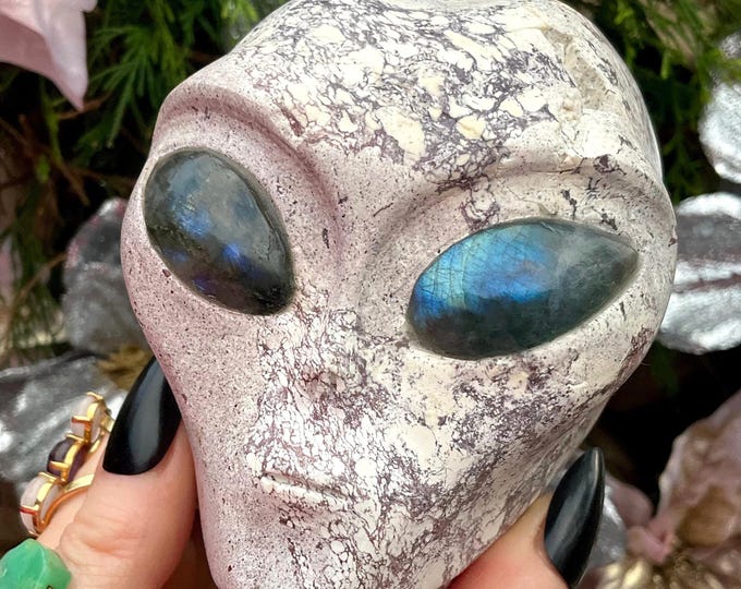White Jasper Crystal Alien Skull ~ Large 2 Lb. 9 oz. ~ 4" Long Hand Carved Sculpture ~ Sparkling Blue Labradorite Eyes ~ One of-a Kind Color