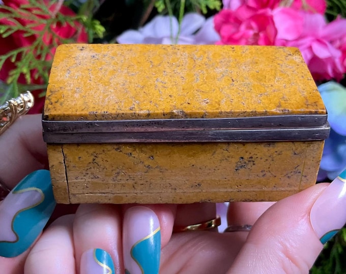 Yellow Jasper Jewelry Box with Hinged Lid ~ 3" Long Vintage Hand-Crafted Ural Mountains with Silver Trim~ Swirling Yellow Colors