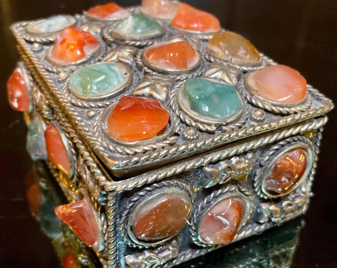 Vintage Agate Inlaid Moroccan Jewelry Box ~ 2" Long with Semi Precious Stones ~ Handmade from Morocco Covered with Silvered Metal Filigree