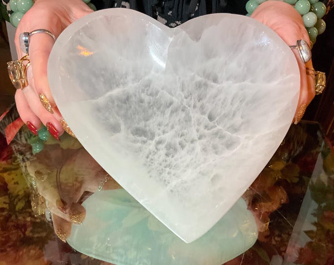Selenite Heart Shaped Crystal Jewelry Dish ~ Large 2 Lb. 8 oz. - 5 1/2 " Oval ~ Transparent White Mineral ~ Swirling Pearlescent Patterns