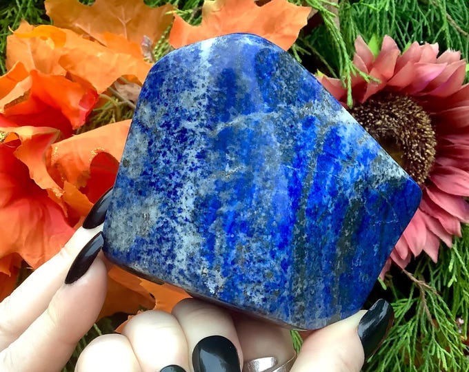 Lapis Lazuli Freeform Crystal ~ Large 14 oz. ~ 3 1/2" Long ~ Sparkling Indigo Blue and Gold ~ Third Eye Chakra Altar Display ~ Meditation ~