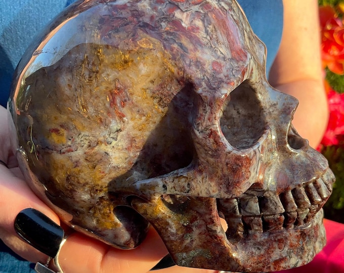 Golden Rutilated Garnet Quartz Crystal Skull ~ 2 Lb. 14 oz. ~ 5" Long ~ Swirling Colorful Gold Red & White Inclusions ~ Expertly Hand Carved