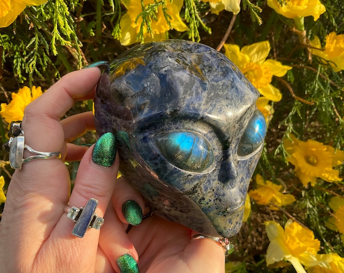 Sodalite Crystal Alien Skull ~ Large 2 Lb. 12 oz. ~ 4" Long ~ Flashing Blue Labradorite Eyes ~ One-of-a-Kind Expertly Hand Carved Sculpture