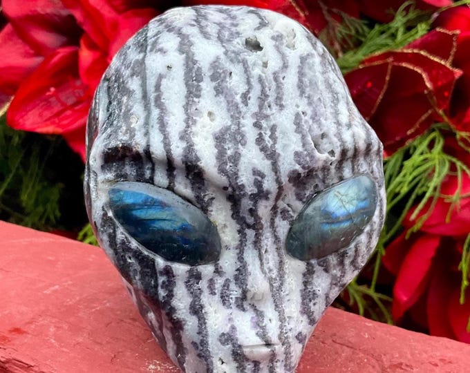 Amethyst Crystal Alien Skull ~ 3 Lb. ~ 4" Tall with Blue Labradorite Eyes ~ Swirling Purple Black & White Colors ~ Hand-Carved Sculpture