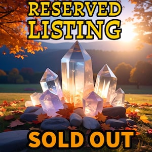 May include: A cluster of clear, pointed quartz crystals arranged among smooth gray stones and scattered orange autumn leaves. The text "RESERVED LISTING" appears at the top and "SOLD OUT" at the bottom in bold yellow letters with black outlines.