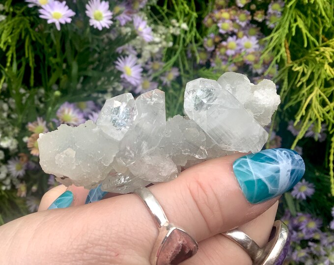 Ultra Clear Apophyllite Crystal Cluster ~ 1.6 oz. ~ 3" Long ~ Handheld Meditation Size ~ Sparkling Altar, Reiki Display ~ Fast Free Shipping
