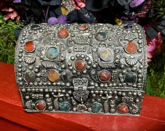 北印度産　玉石　インディアン・カラー・ストーン象嵌　飾箱　共箱　V　R8518 Vintage Agate Inlaid Moroccan Jewelry Box ~ Moorish Dome Top W