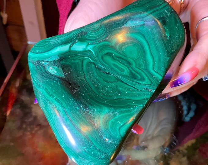 Malachite Crystal Bowl ~ 1 Lb. ~ 5" Long ~ Vintage Charging Dish ~ Green Mineral Specimen ~ Swirling Bulls Eye Patterns