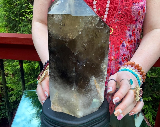 Clear Citrine Quartz Crystal Point ~ 9 Lb.  11 oz. ~ 9" Tall~ Sparkling Yellow with Golden Rainbow Inclusions ~ Custom Hand Carved Stand