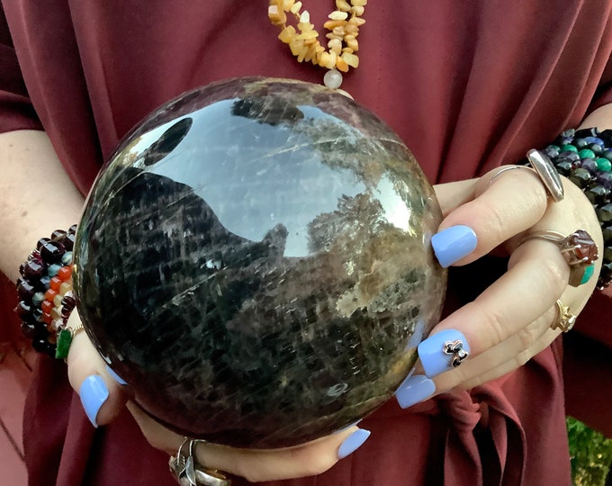 Black Moonstone Crystal Ball ~ Large 6 Lb. Sphere ~ 5" Wide ~ Storm Cloud Grey & Peach Colors ~ Flashing Inclusions ~ Reiki, Altar Display