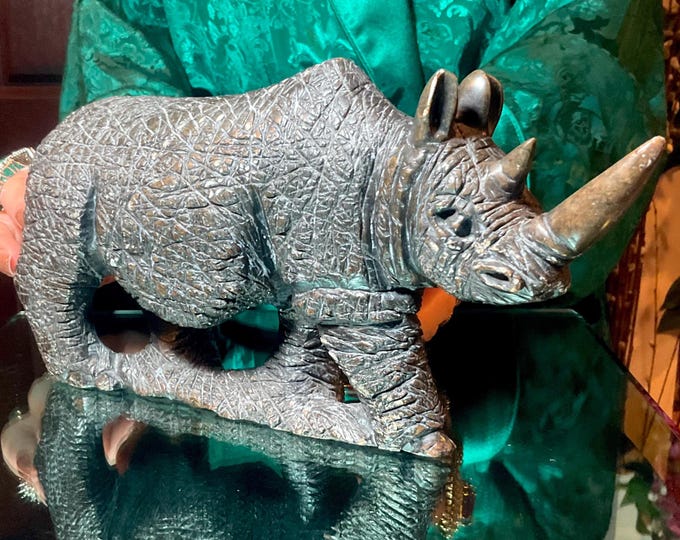 Serpentine Rhinoceros 5 Lb. 11 oz. ~ 7" Long ~ Vintage Hand Carved Zimbabwean Sculpture ~ Swirling Natural Earth Colors ~ Museum Quality