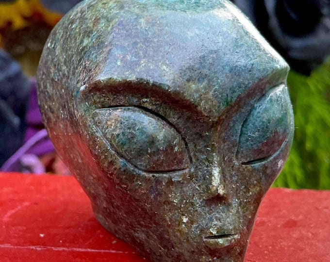 CLEARANCE ~ Kyanite with Garnet Alien Crystal Mini Skull ~ 7 oz. ~ 2" Long ~ Sparkling Green Gold & Blue Gemstone ~ Fast Free Shipping
