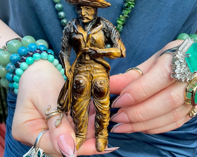 Tigers Eye Cowboy Crystal ~ 5" Tall ~ Vintage Hand Carved Sculpture from South Africa ~ Sparkling Red Gold & Black Colors ~ Fast Shipping