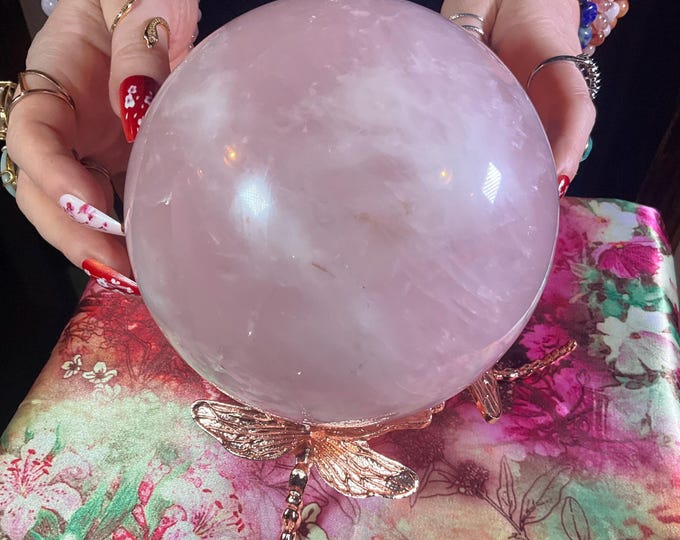 Rose Quartz Crystal Ball ~ Large 6 lb. 13 oz. ~ 5" Wide ~ with Rose Gold Metal Dragonfly Display Stand ~ Beautifully Polished Pink Sphere