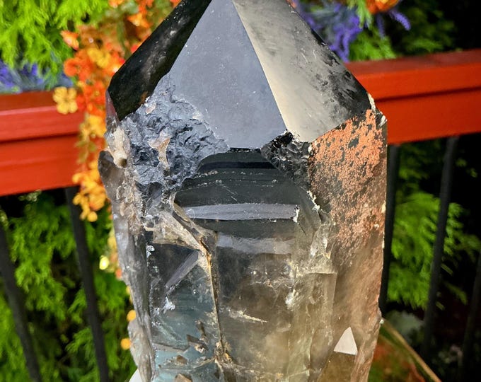 Black Morion Quartz Display Crystal 6 Lb. 14 oz.  Single-Terminated Point Cluster ~ 9" Tall ~Natural Black Color ~ Custom Hand Carved Stand