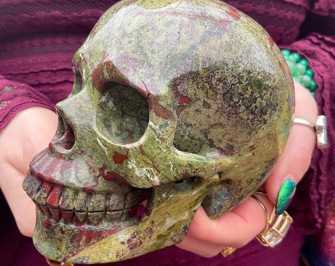 Bloodstone Crystal Skull ~ Large 3 Lb. 5 oz. ~ 5" Long ~ Fiery Red and Green ~ One-of-a-Kind ~ Expertly Hand Carved Sculpture
