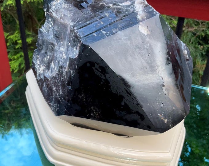 Black Morion Quartz Display Crystal 10 Lb. 9 oz. Double -Terminated Point Cluster ~ 9" Wide ~ Natural Black Color ~ Custom Hand Carved Stand