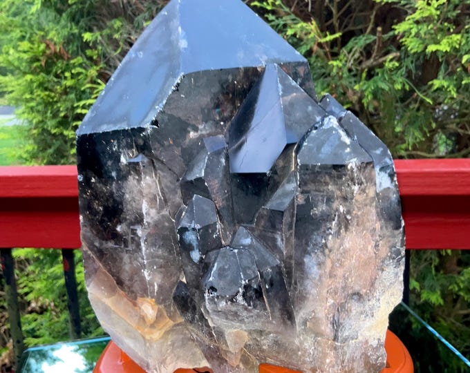 Black Morion Quartz Display Crystal 11 Lb. 14 oz.  Single-Terminated Point Cluster ~ 9" Tall ~Natural Black Color ~ Custom Hand Carved Stand