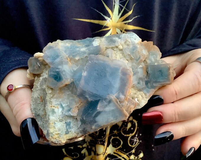 Blue Fluorite Crystal Cluster ~ Large 1 Lb.  ~ 4" Long ~ Deep Ocean Blue Color ~ Translucent Crystals ~ Sparkling Cubic Formations ~ Rare