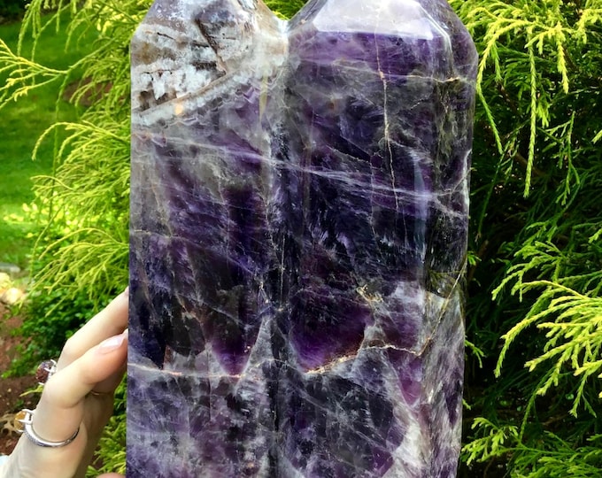 Large Amethyst Crystal Twin Flame Generator: 9" Double Point Tower