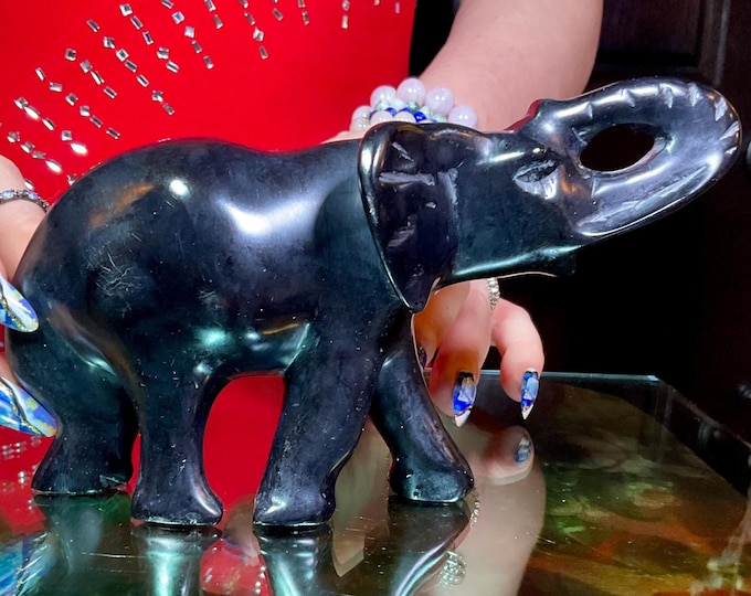 Black Obsidian Crystal Elephant ~ 1 Lb. 3 oz. ~ 6" Long ~ Vintage Hand Carved Spirit Animal Totem ~ Fast & Free Shipping, USA