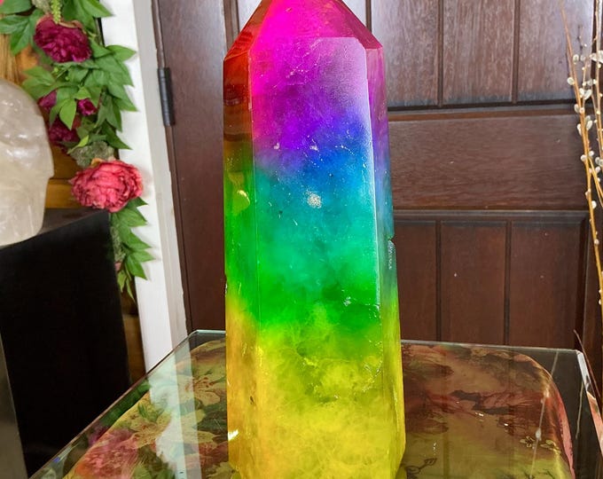 Rainbow Aura Fluorite Crystal Generator ~ 9 lb. 14 oz.~ 11" Tall Tower ~ Colorful Pink Blue Green Yellow Color ~ Fast & Free Shipping U.S.A.