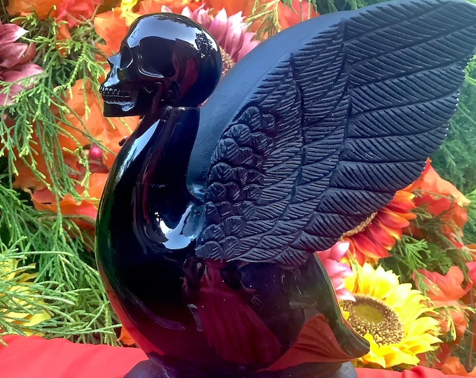 Black Obsidian Swan Skull Crystal Sculpture ~ Large 4 Lb. 11 oz. ~ 7" Tall ~ High Quality ~ Expertly Hand Carved ~ Sparkling Black & Matte