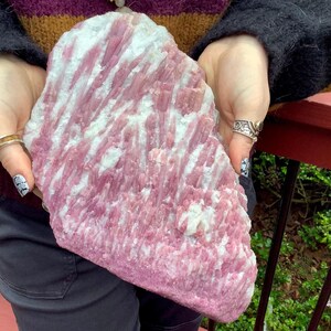 May include: A large, irregular slab of raw pink tourmaline crystal embedded in a white quartz matrix. The specimen features elongated, striated pink mineral formations that contrast with the opaque white mineral base throughout the surface.