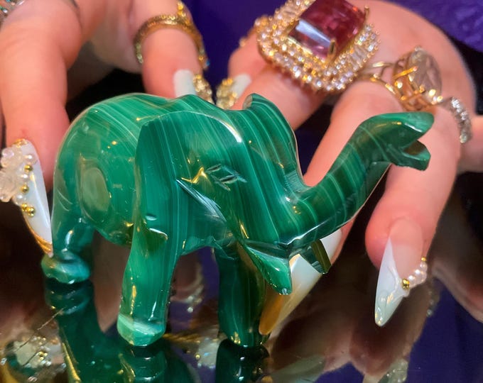 Vintage African Malachite Elephant 5 oz. ~ 3" Long Hand Crafted from the Congo ~ Swirling Green & Black Patterns ~ Animal Totem