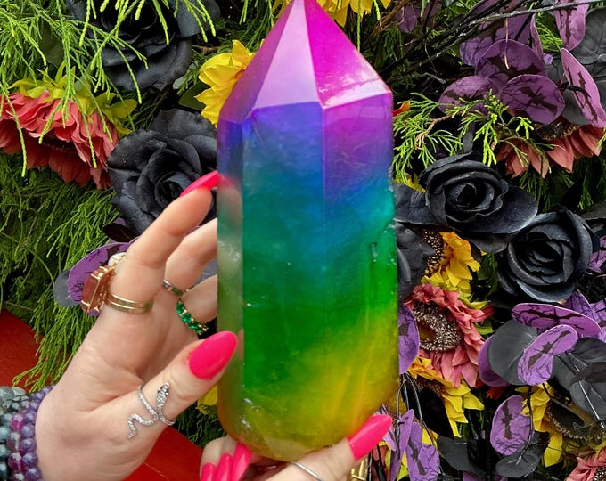 Rainbow Aura Fluorite Crystal Generator ~ 3 lb. 13 oz.~ 7" Tall Tower ~ Colorful Pink Blue Green Yellow Color ~ Fast & Free Shipping U.S.A.