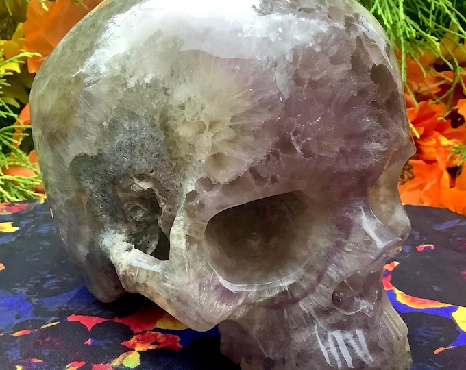 Rainbow Fluorite Crystal Skull ~ Large 8 Lb. 6 oz ~ 7" Long~ Hand Carved ~ Translucent Purple, Green Clear Crystal Sculpture