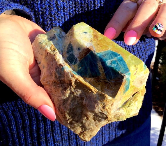Blue Apatite Crystal Cluster ~ 1 Lb. 5 oz. ~ 4 1/2" Long ~ Gorgeous Blue Stone in Green Matrix ~ Fast & Free Shipping, USA + Global Shipping
