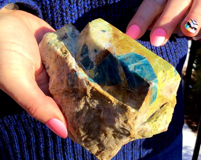 Blue Apatite Crystal Cluster ~ 1 Lb. 5 oz. ~ 4 1/2" Long ~ Gorgeous Blue Stone in Green Matrix ~ Fast & Free Shipping, USA + Global Shipping