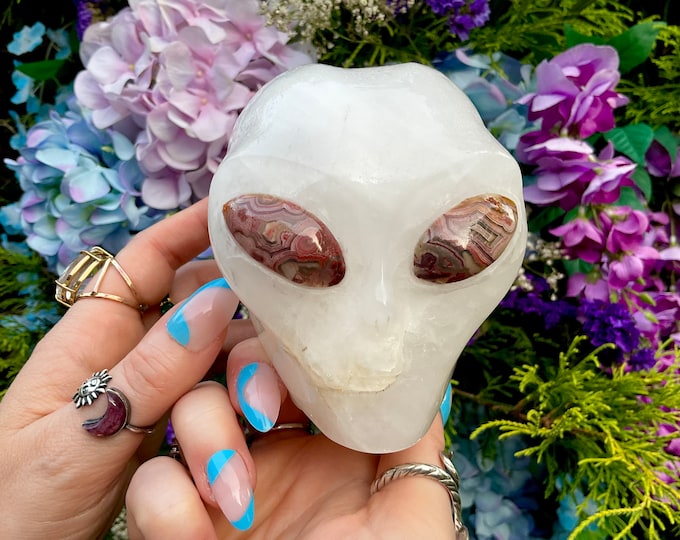 Snow Quartz Crystal Alien Skull ~ Large 2 Lb 11 oz ~ 4" Long ~ w/ Rhodochrosite Eyes ~ Sparkling Opaque White Colors ~ Hand Carved Sculpture