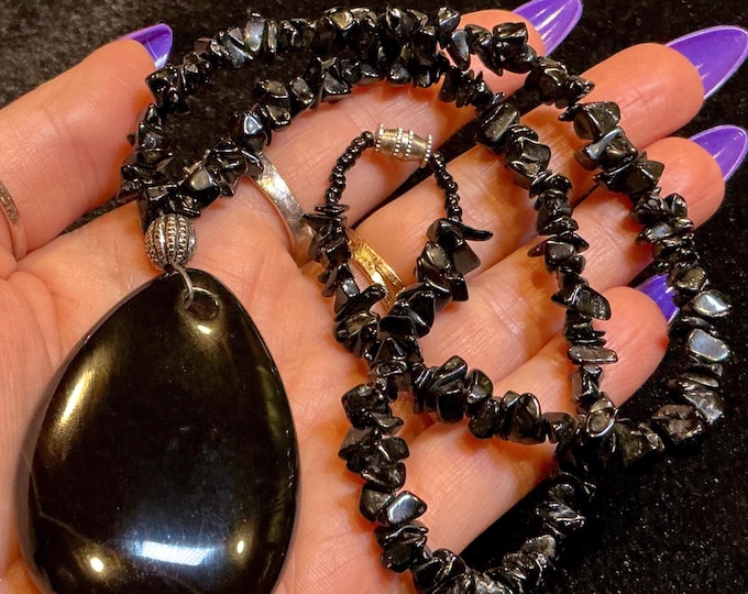 CLEARANCE! ~ Black Obsidian Vintage 18" Necklace ~ Pendant & Gemstone Beads ~ Sacred Adornment