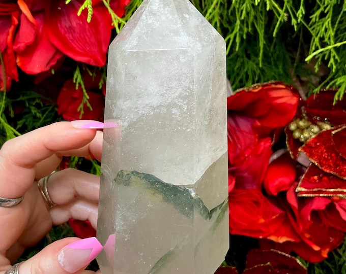 CLEARANCE! ~ Chlorite Clear Quartz Crystal Generator ~ Large 1 lb. 8 oz. ~ 5 1/2" Tall ~ Green Inclusions ~ Sparkling Phantoms~